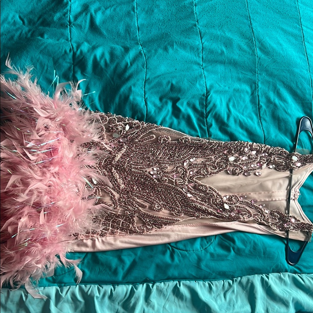 Elegant Beaded Dress with Feather Accents